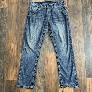 True Luck Mens Jeans 32x32 Straight Leg Blue Denim Distressed Faded Wash